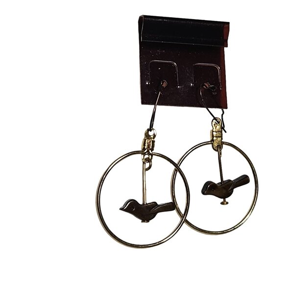 Boho Chic Gold Tone Hoop Earrings Wooden Bird Charms Fashion Jewelry Women - Picture 2 of 5